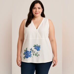 EUC! Anne Carson Linen Floral Embroidered Top, sz 1x